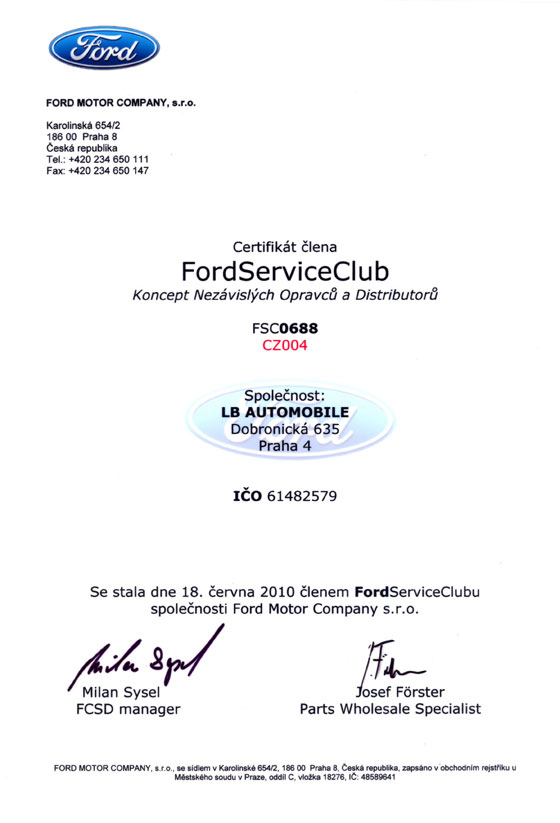 LB Automobile Certifikát Ford Service Club LB Automobile Certifikát Ford Service Club